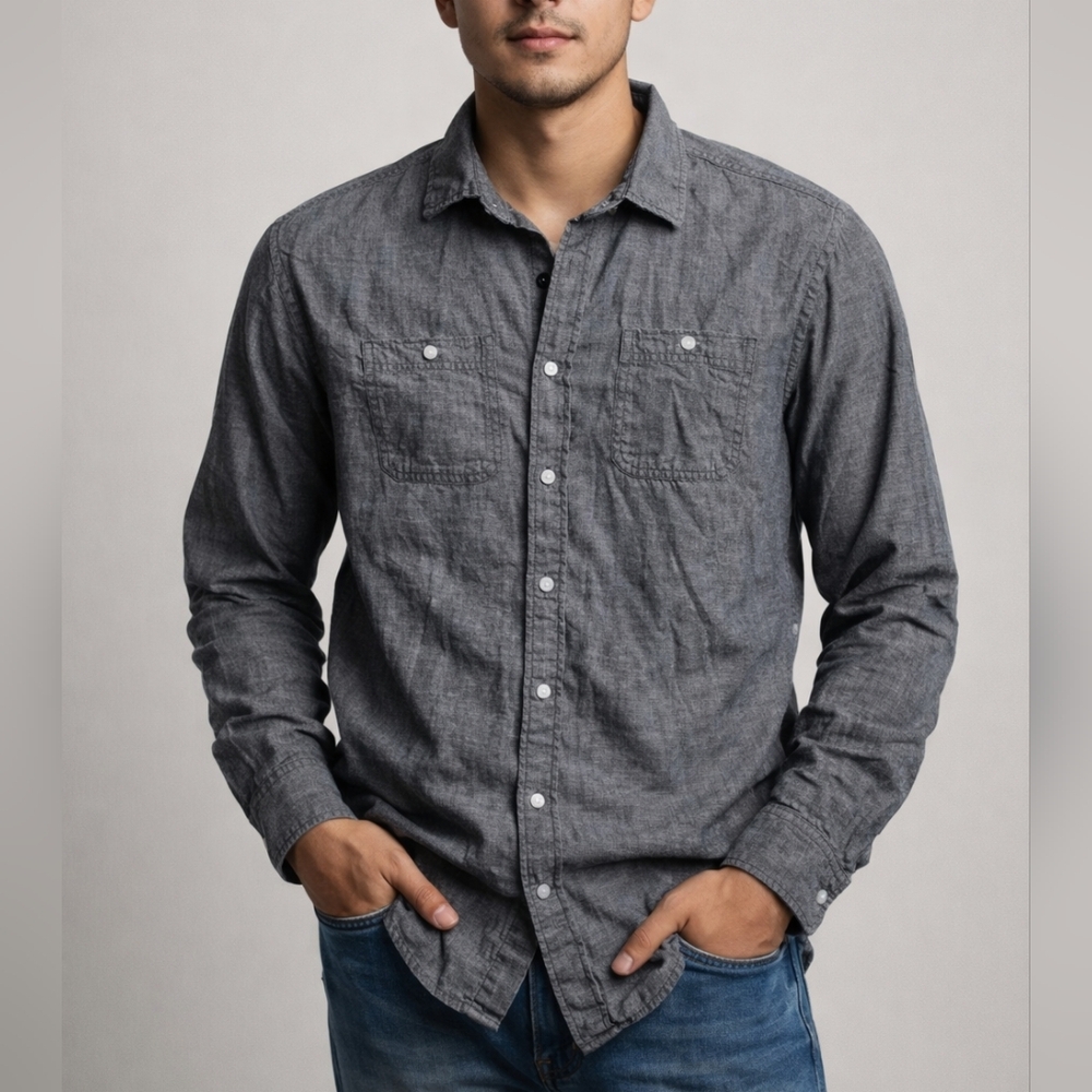 Men's Gray Button-Up Long Sleeve